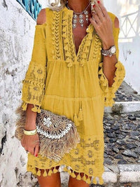 New Spring Embroidery Crochet Lace Boho Dress Women Elegant Off Shoulder Tassel Ruffle Mini Dress Summer V Neck Lady Beach Dress