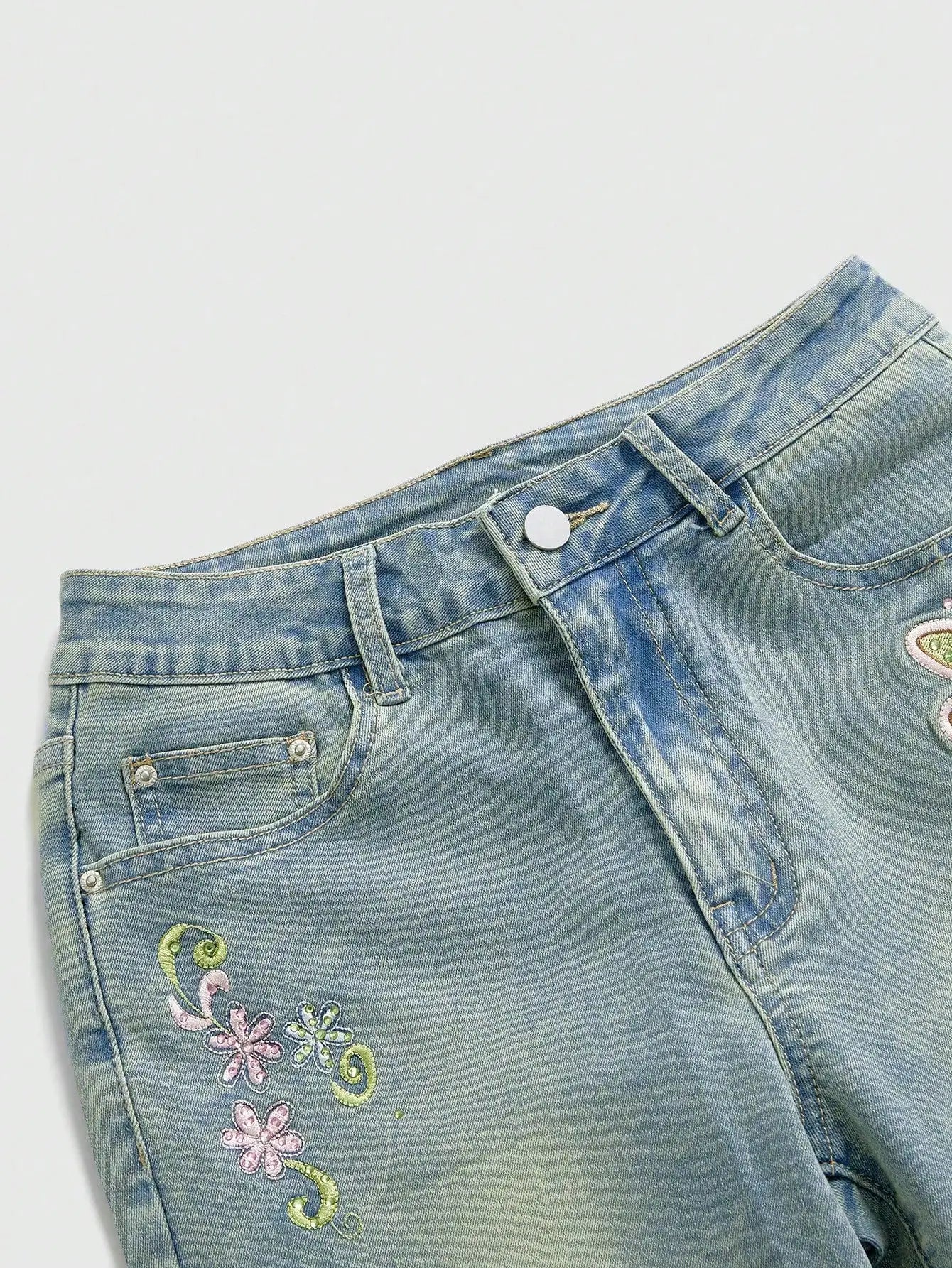Y2K Fairycore Dragonfly Embroidery Capri Jeans, Low Waist, Summer Retro Style