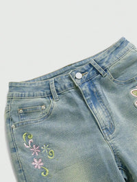 Y2K Fairycore Dragonfly Embroidery Capri Jeans, Low Waist, Summer Retro Style