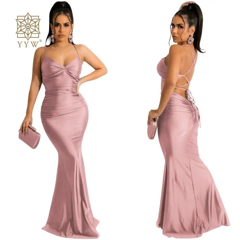 Women Dress Summer 2023 Neon Satin Lace Up Women Bodycon Long Midi Dresses Ladies Sleeveless Backless Sexy Cocktail Mermaid Gown