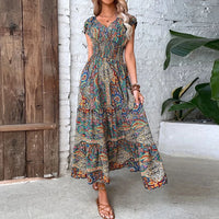 Women Vintage Print Maxi Dresses Summer Casual V Neck Short Sleeve Elastic Waist Dress Female Boho Beach Big Swing Long Dresses