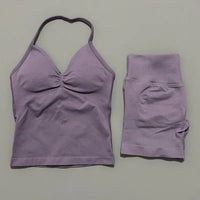 2 Pieces Sports Set Women Backless Halter Tops Fitness Tank Top High Waist Seamless High Stretch Shorts Gym Workout Sets