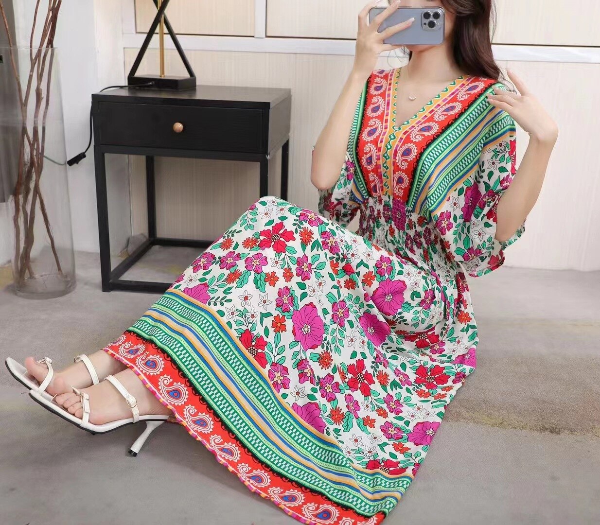 Summer Poplin Dresses Women Round Neck Puff Short Sleeve A Line Print Dresses Ethnic Style Tight High Waist Long Dress 2023