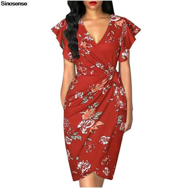 Women Vintage Floral Cocktail Party Dress Sexy V Neck Ruffle Sleeve Ruched Slim Pencil Dress OL Business Work Office Midi Dress