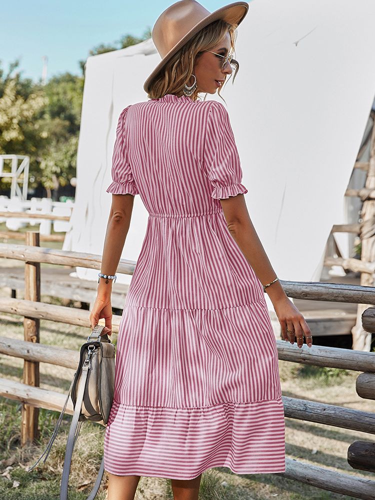 Women Elegant Striped Lantern Sleeve Summer Dress Causal V-neck Button Ruffles Midi Dress 2023 Women Beach Holiday Party Dress