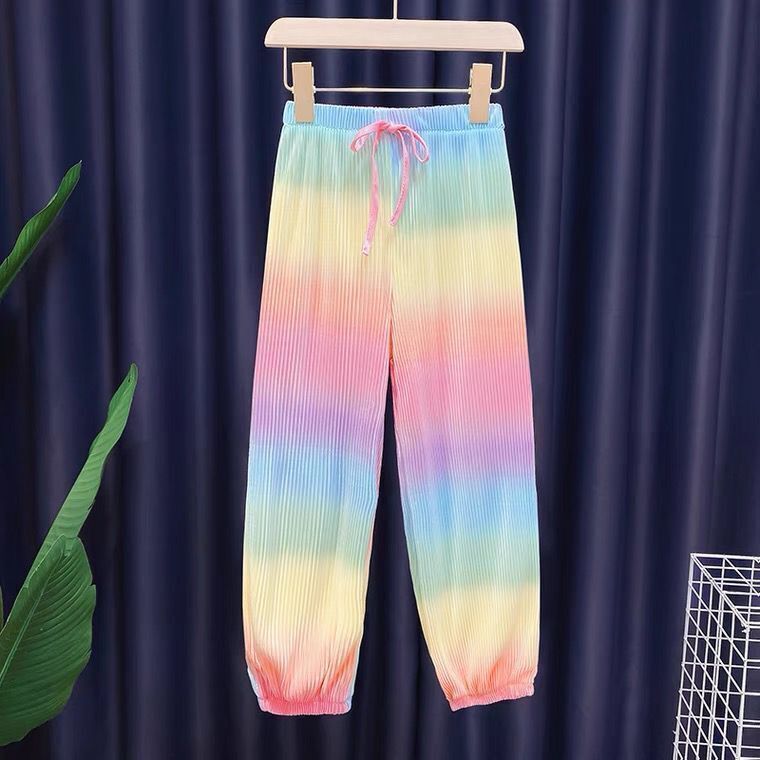 Girls 2023 Summer New Fashion Ice Silk Rainbow Gradient Color Loose 2pcs T-shirts+pants Suits 3-12 Years Kids Tie-dyed Clothing