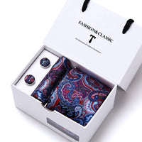 High Quality 7.5 cm Stripe Blue Tie Pocket Square Cufflinks Set For Men Gift Box Wedding Gravatas Fit Workplace