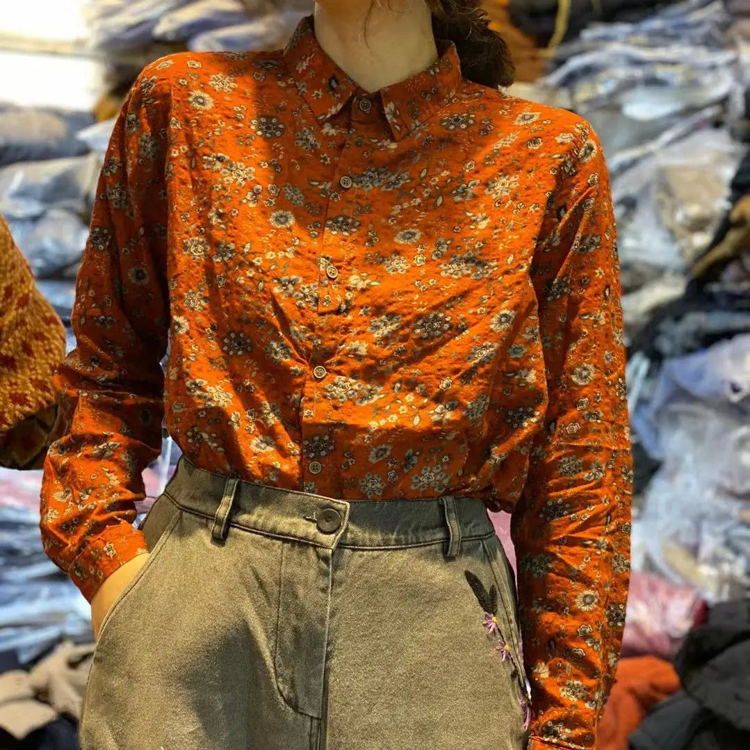 Cotton and Linen Spring New Artistic Retro Printed Shirts for Women Fashionable and Versatile Slimming Tops for Women