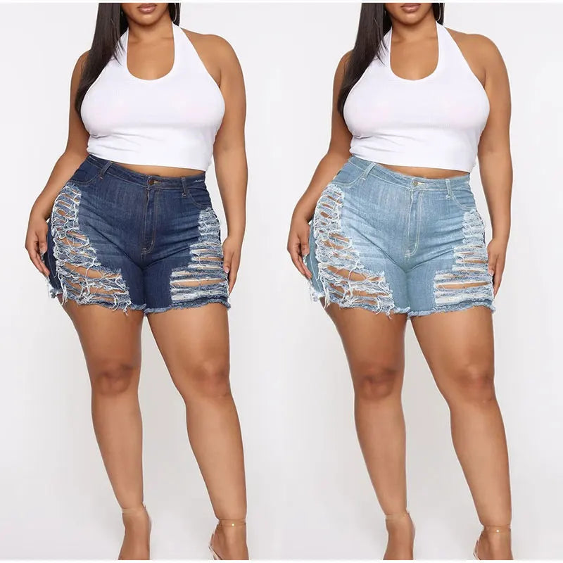 Plus Size Sexy Ripped Tassel Denim Shorts 5XL High Waist Boyfriend Street Torn Hollow Out Hotpants Baggy Cut Out Hole Short Jean