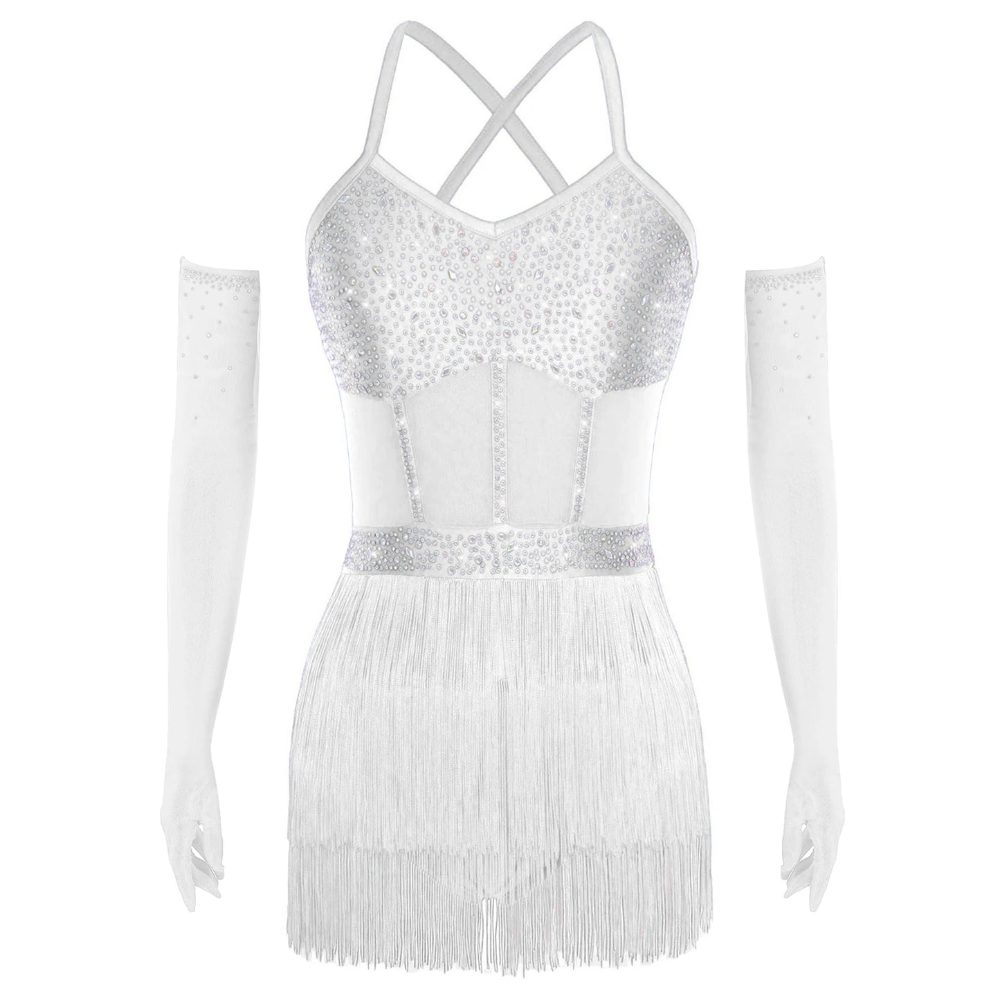 Womens Latin Dance Dress Sheer Mesh Patchwork Tiered Tassel Bodysuit Dress and Gloves for Tango Samba Dance Ballroom Dancewear