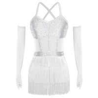 Womens Latin Dance Dress Sheer Mesh Patchwork Tiered Tassel Bodysuit Dress and Gloves for Tango Samba Dance Ballroom Dancewear