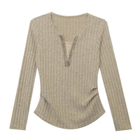 Sexy Hollow out V-Ne Pleated  Color Base irt Long Sve Women's T-irt Design Sense Bead Faion Youthful Slim Fit...