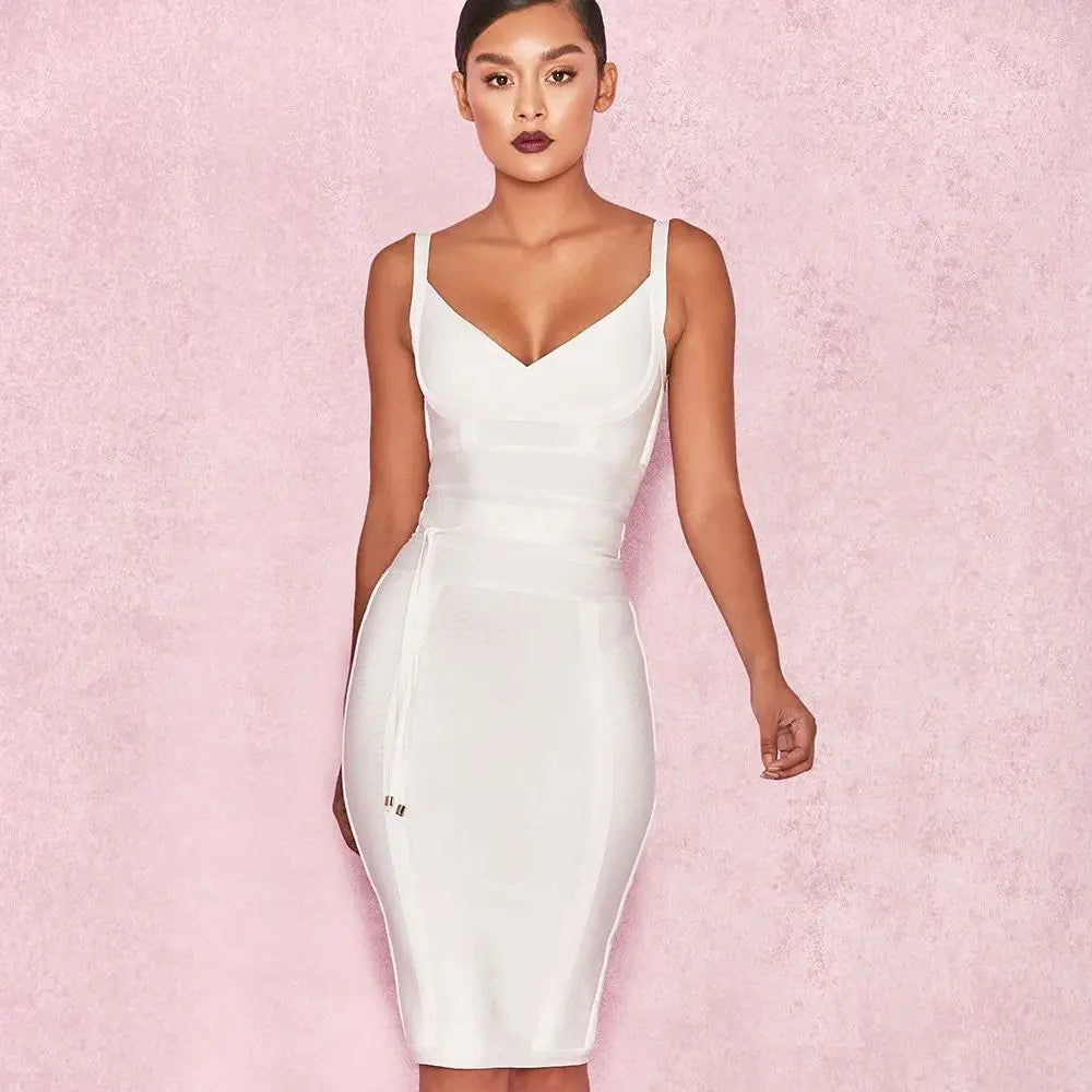 2024 women white summer mid-length dress Sexy Lady Belt Spaghetti Strap Bandage Dress Party Club V Neck  Bodycon