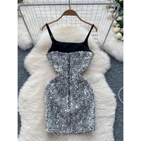 Cami Dresses Women Party Sexy Sequins Sparkling Waist Cinching Suspender Bodycon Dress Sleeveless Streetwear Fashion Vestidos