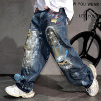 High End Men'S Clothing Hip Hop Graffiti Baggy Jeans For Men Streetwear Skateboard Ripped Jeans Korean Trendy Denim Trousers