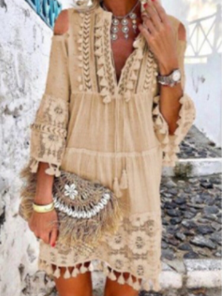 New Spring Embroidery Crochet Lace Boho Dress Women Elegant Off Shoulder Tassel Ruffle Mini Dress Summer V Neck Lady Beach Dress