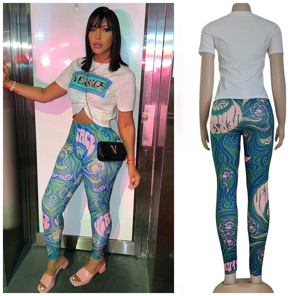 Women Two Piece Sets Slim Fit Hip Lift Suit Luxury Letter Print Neck Short Sleeve T-Shirt Crop Top Pencil Pants Tracksuit Juicy