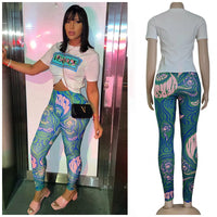 Women Two Piece Sets Slim Fit Hip Lift Suit Luxury Letter Print Neck Short Sleeve T-Shirt Crop Top Pencil Pants Tracksuit Juicy