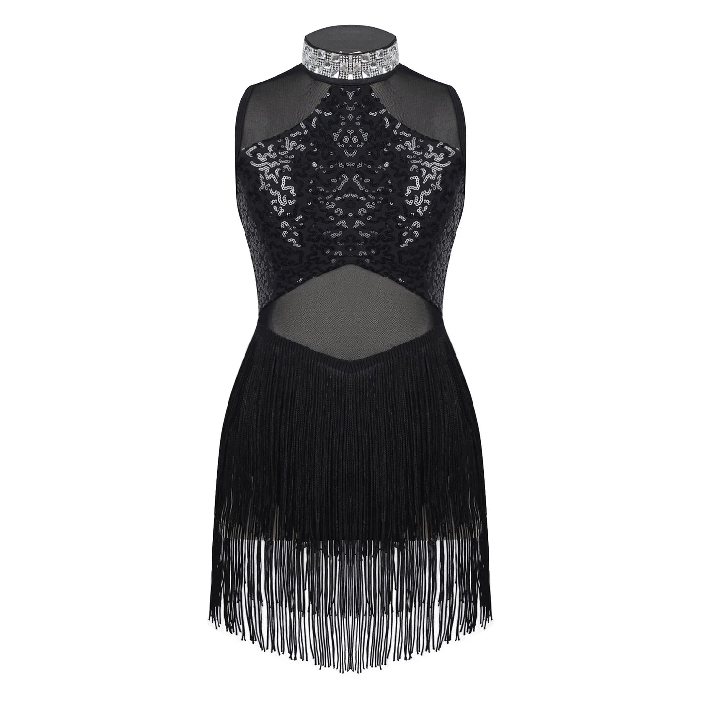 Girls Shiny Rhinestone Jazz Ballet Dance Dress Decorated Collar Sequins Mesh Tassel Hem Dance Leotards Dance Performance Dress