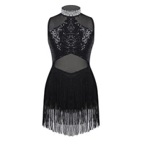 Girls Shiny Rhinestone Jazz Ballet Dance Dress Decorated Collar Sequins Mesh Tassel Hem Dance Leotards Dance Performance Dress