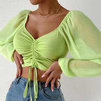 Sexy Mesh Lantern Sleeves Drawstring Wrap Chest Bare Midriff T Shirt Women Long Sleeves Bottoming Shirt Ladies Tee Shirt Tops