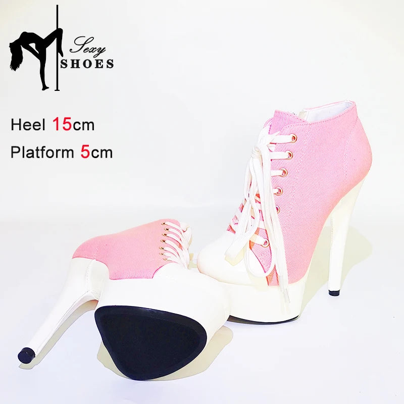 Pink Canvas Round Toe ANKLE Boots Fashion Sexy Female High heel Platform Short Boots for Women Spring/Autumn 15CM Casual Boots