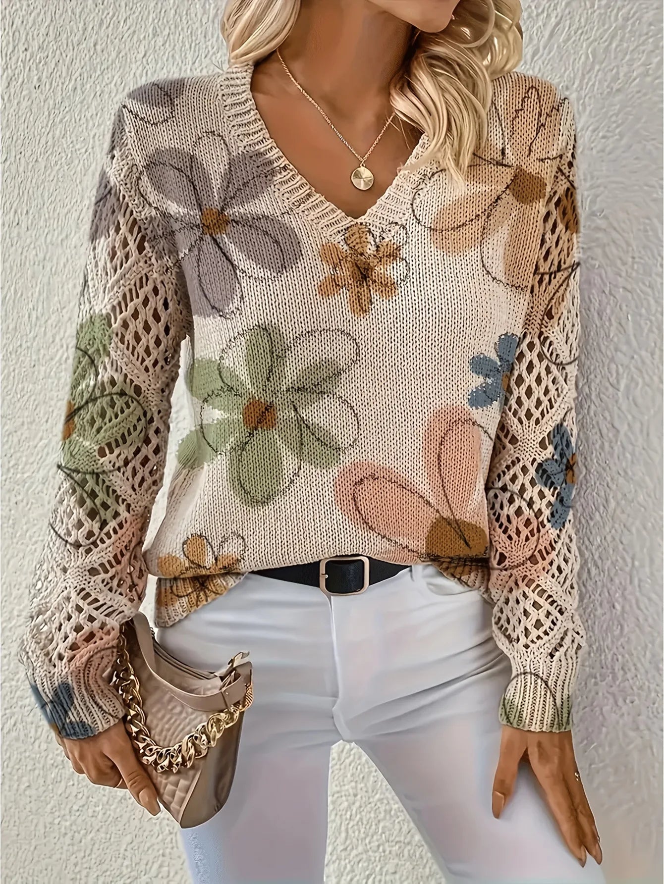 Elegant Bohemian Floral V-neck Long Sleeved Top Fashionable V-neck Pullover Hollow Printed Sweater Pullover 2025 Casual Knitwear