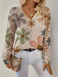 Elegant Bohemian Floral V-neck Long Sleeved Top Fashionable V-neck Pullover Hollow Printed Sweater Pullover 2025 Casual Knitwear