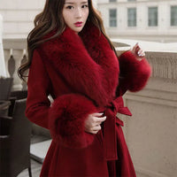 Winter 2025 Woolen Coat For Women Mid-Length Tie Slimming Fashionable Elegant Evening Dress Artificial Fur Collar Coats Female