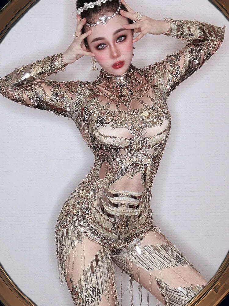 Sparkly Gold Crystals Fringes Leotard Women Rhinestones Performance Dance Costume Stage Wear Club Outfit Sexy Tassel Bodysuit