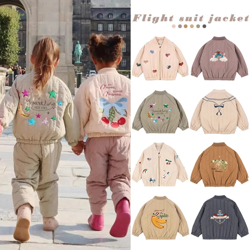 Children's coats for autumn and winter ks new collection Girls' embroidered sequined thickened wool jacket flight suit coat