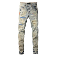 Men's Skinny Denim Jeans 2025 New Streetwear Distressed Painted Repair Low-Rise Brand Pants for Casual Style