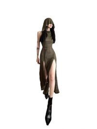 y2k Dress Women Clothes Solid Color Sleeveless Hollow Out Back Slit Hooded Dress 2000s Halloween Party Dresses