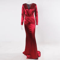 Deep V Neck Full Sleeved Pleated Long Evening Party Dress Stretch Satin Floor Length Event Gown Prom Robe