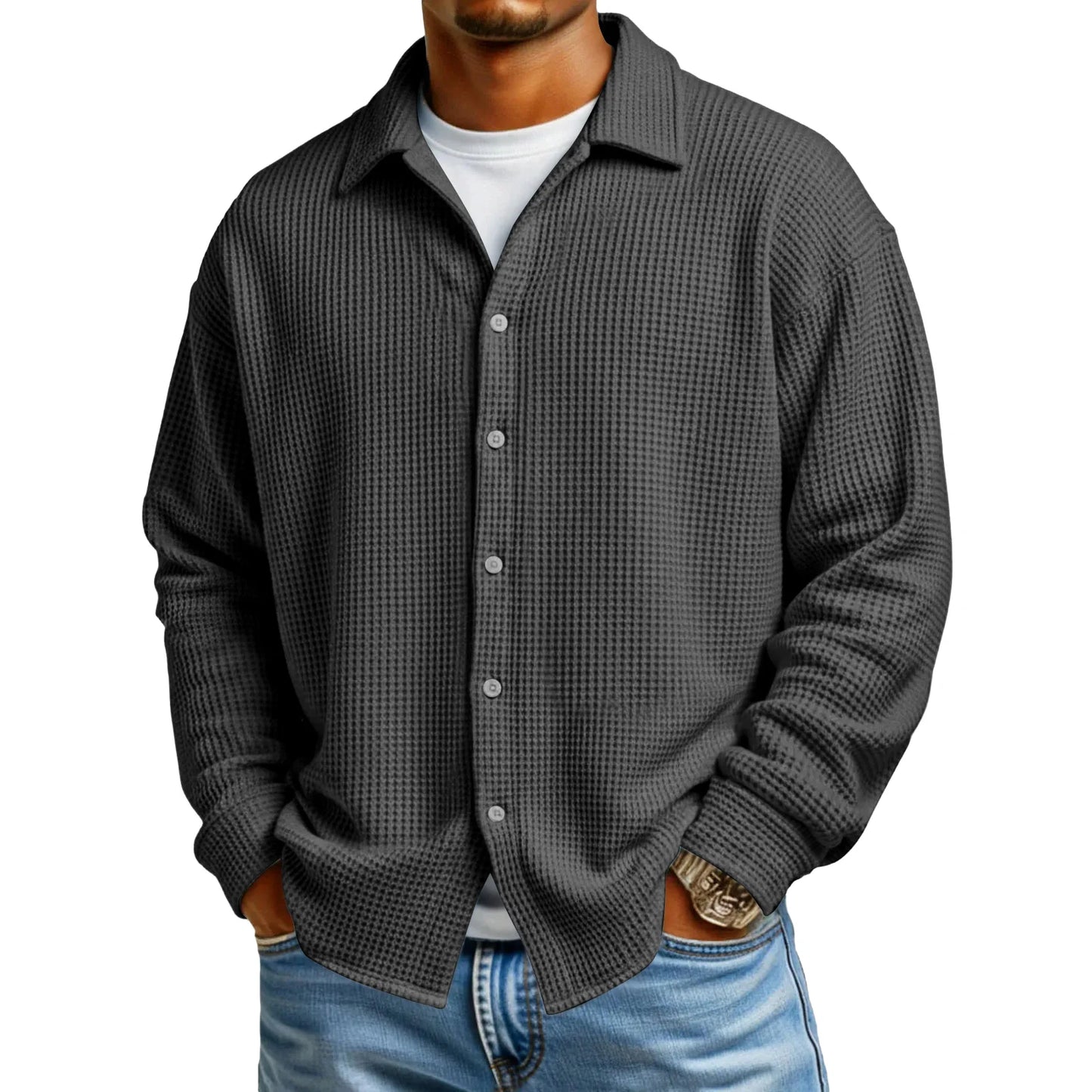Men Casual Button Down Shirt Long Sleeve Collar Shirt Waffle Texture Loose Fit Fashion Men Top Trendy Outfit Daily Wear