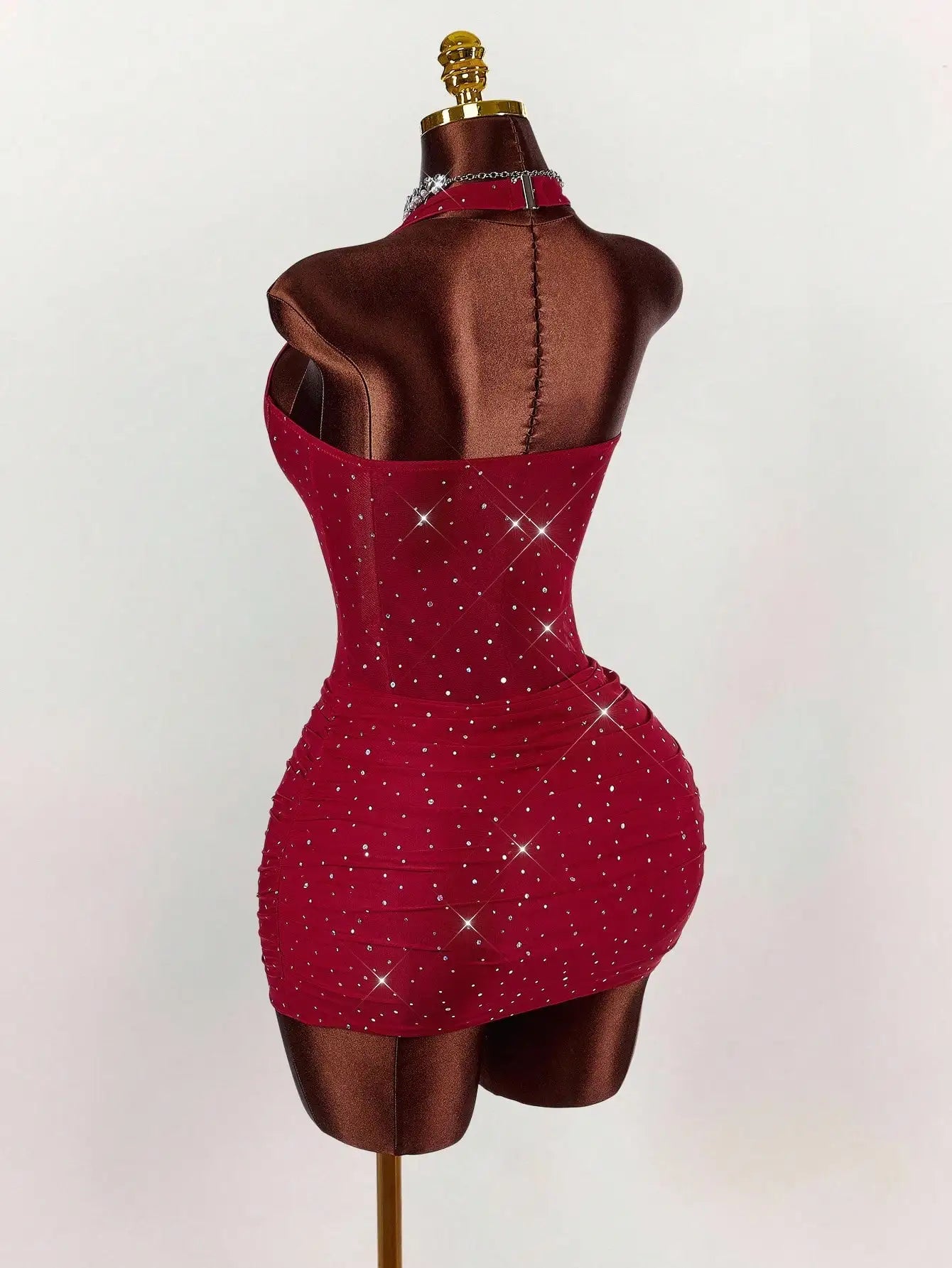 Red Halter Neck Rhinestone Mini Dress with Corset Waist for Party Club Night