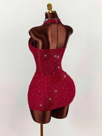 Red Halter Neck Rhinestone Mini Dress with Corset Waist for Party Club Night