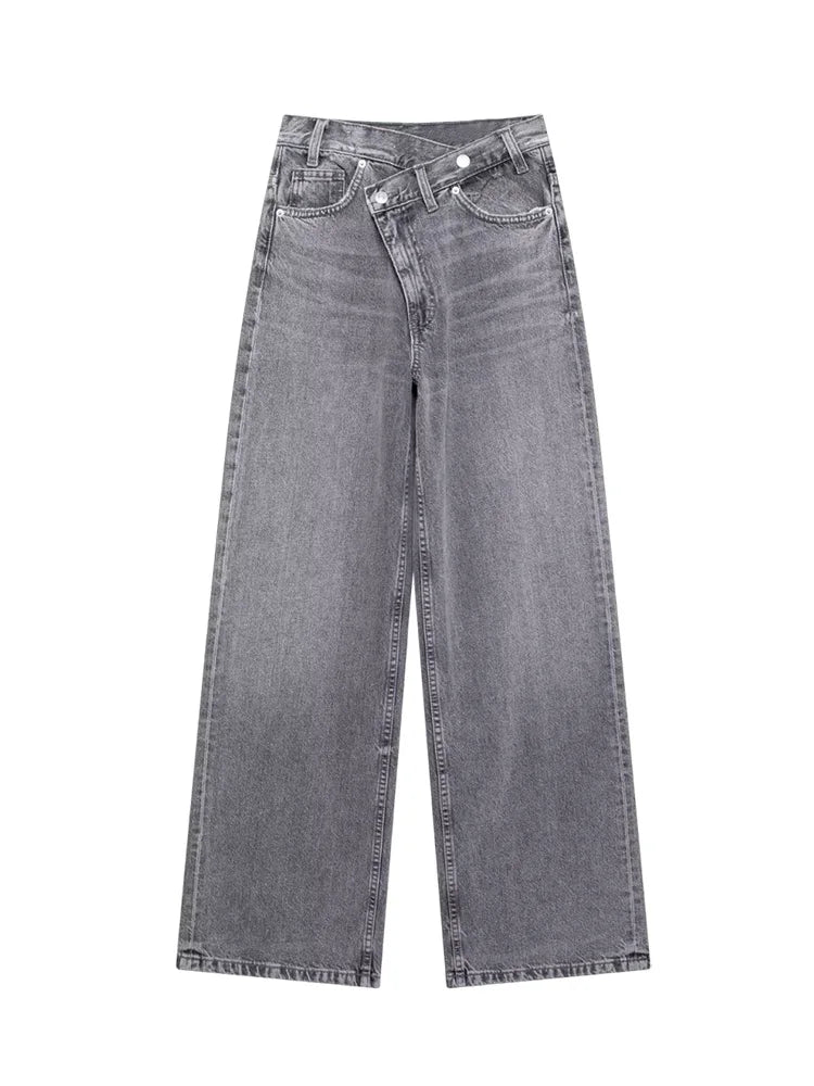 women's asymmetric design high-waisted wide-legged jeans new basic models versatile fashion straight trousers trousers