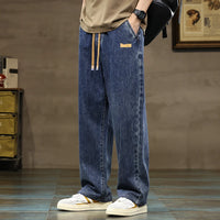 Men Straight Leg Blue Gray Loose Y2K Drawstring Jeans Streetwear Casual Wide Denim Pants Male Baggy Stylish Harajuku Trousers