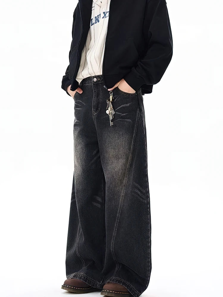 Vintage Black Washed Baggy Jeans Pants Men Wide leg Curved Blade Pants Streetwear Cowboy Casual Denim Straight Trousers