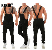 Kakan - New European and American Men's Suspender Jeans, Blue Black Torn Color Matching Jumpsuit Long Jeans K34-992