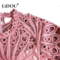 Spring Autumn New Fashion Lace Elegant Plus Size Dress Women Sexy Hollow Out with Belt Oversized Vestidos De Fiesta Lady Clothes