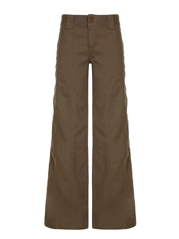 Brown Wide Leg Women's Jeans Y2K Grunge Style Low Rise Baggy Denim Pants Vintage Retro Casual Streetwear Korean Fashion Trousers