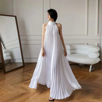 Women Summer 2023 White Beach Dress Sexy Pleated Dress Casual A-line Sundress O Neck Strap Sleeveless Party Long Robes