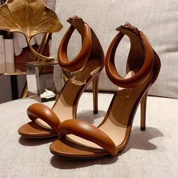 Golden open toed shoes, sexy one-piece belt, summer new high heels, women's slim heels, versatile fashion sandals