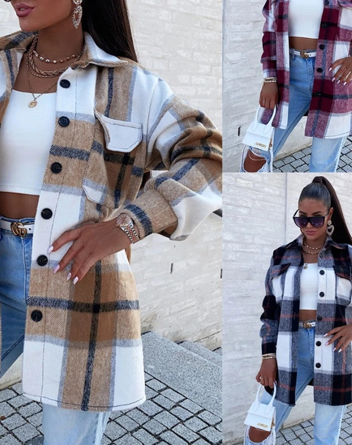 Women's Winter New Shirt Coat Plaid Print Retro Warm Jacket Coat Fashion Commuter Pocket Button Design Long Sleeve Dress