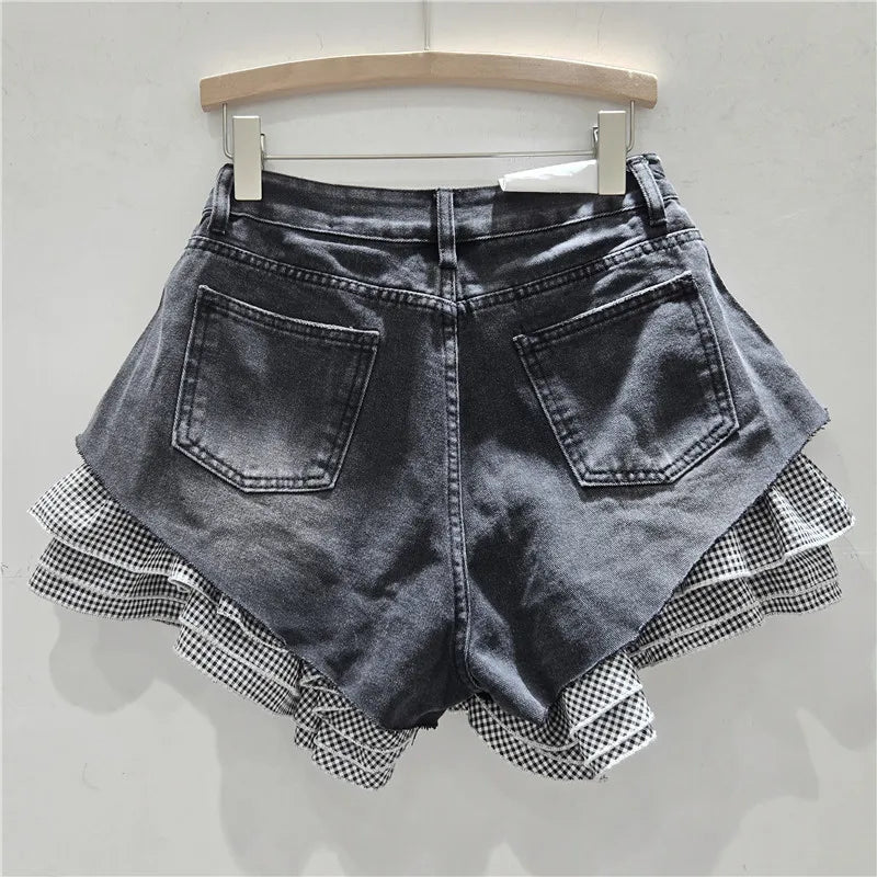 Jeans Shorts Women Vintage Denim Short Pants High Waist Detachable Hem Plaid Cloth Distressed Washed Streetwear Summer Denims