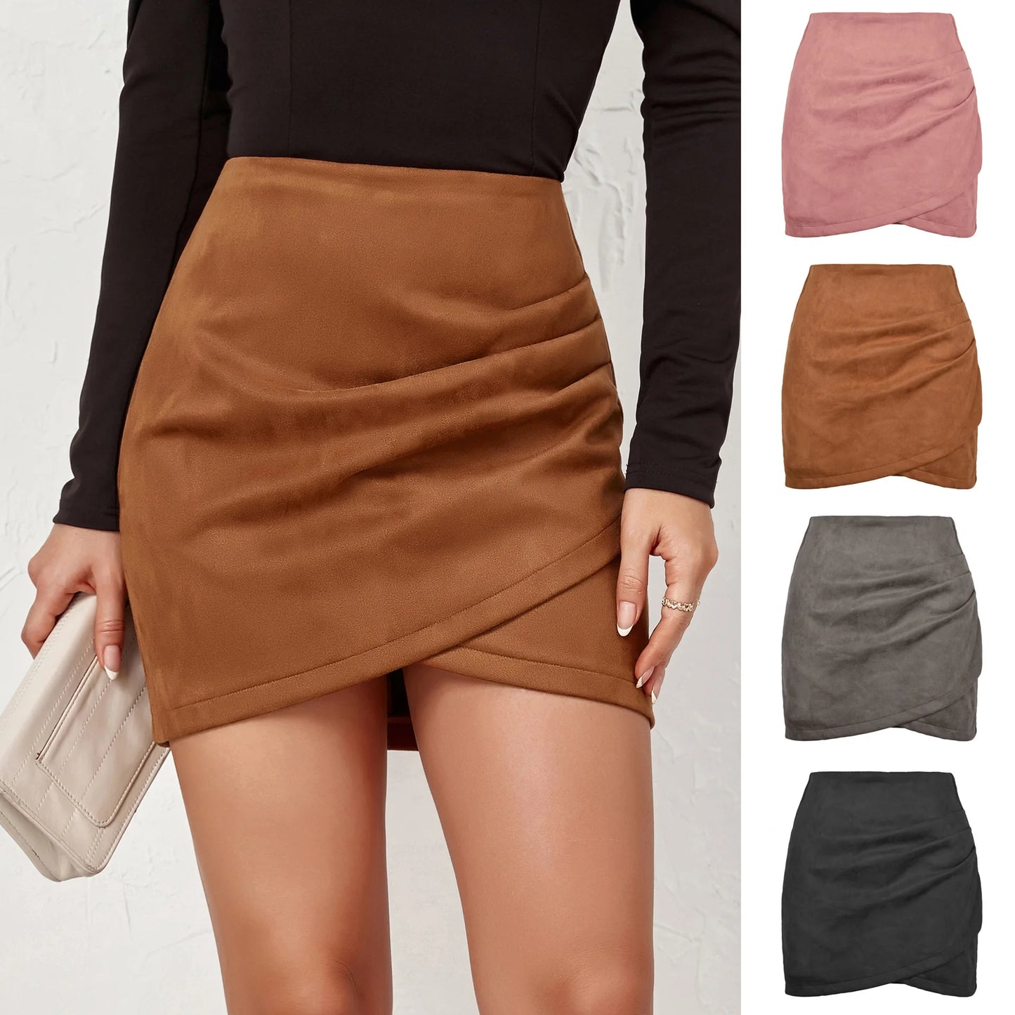 New Autumn Solid Color Suede Skirt Pleated Cross Irregular Zipper Short Skirt Women Sexy Bodycon Office Lady Skirts