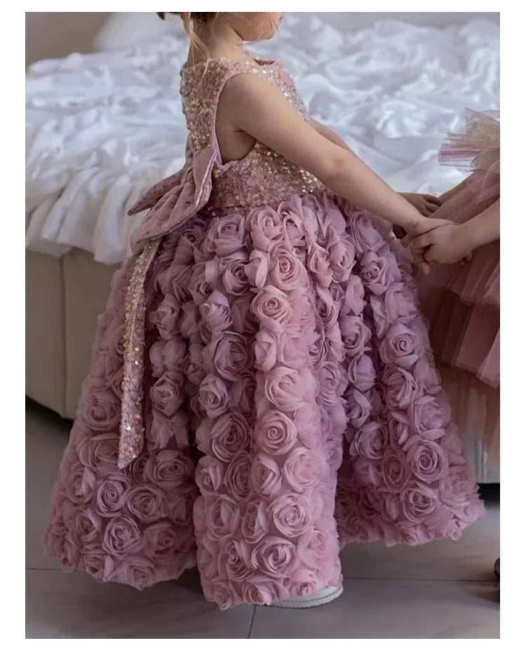 2023 New Arrival Girls Pink Sweet Princess Dress Baby Kids Big Bow Birthday Party Clothing Child Wedding Dress Teen Retro Dress