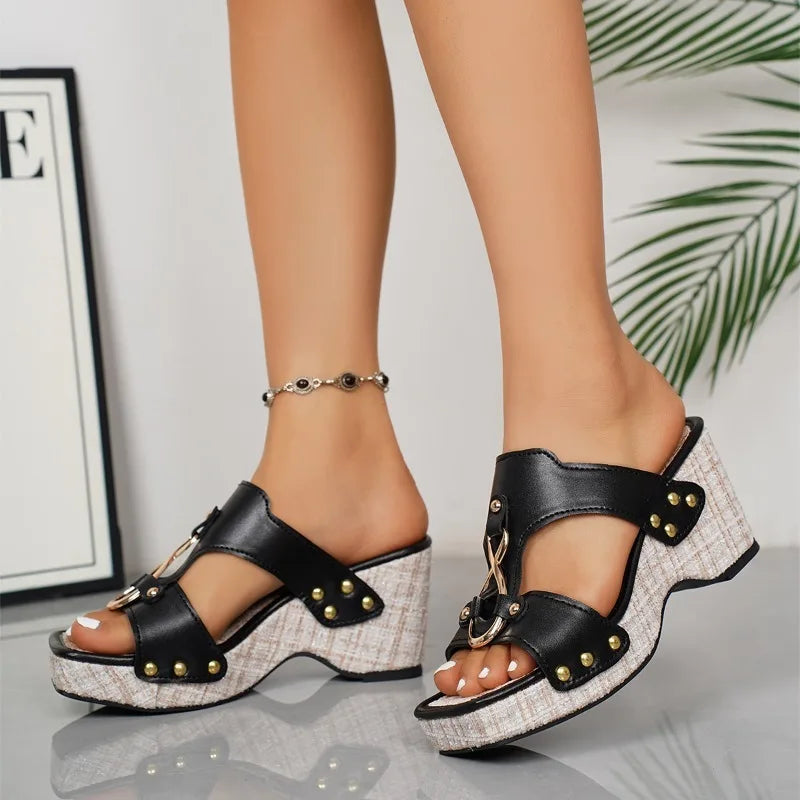 Women Slippers Summer 2026 New Fashion Slip on Platform Wedge Shoes Casual Comfortable Square Toe Peep Toe Women Sandals